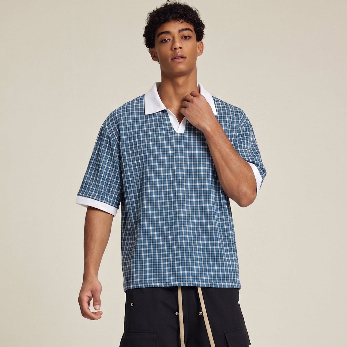 Mens Summer Thin Color-Block Plaid Lapel Short-Sleeve Shirt