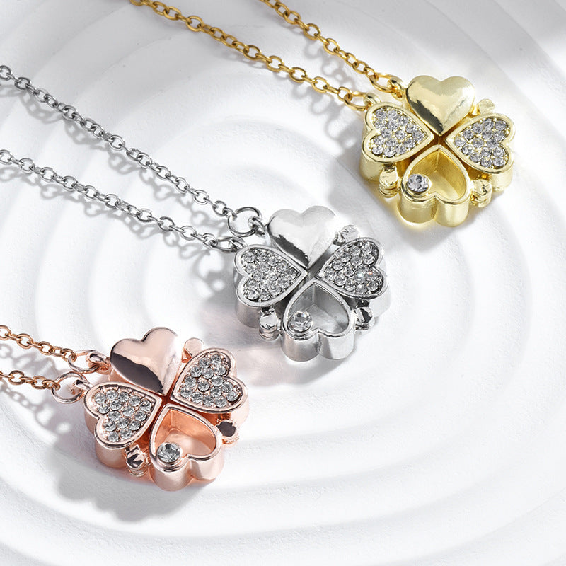 Magnetic Foldable Four Leaf Clover Necklace For Women, Convertible 4 Heart Pendant Collarbone Chain, Dainty Zircon Sweater Chain Fashion Jewelry