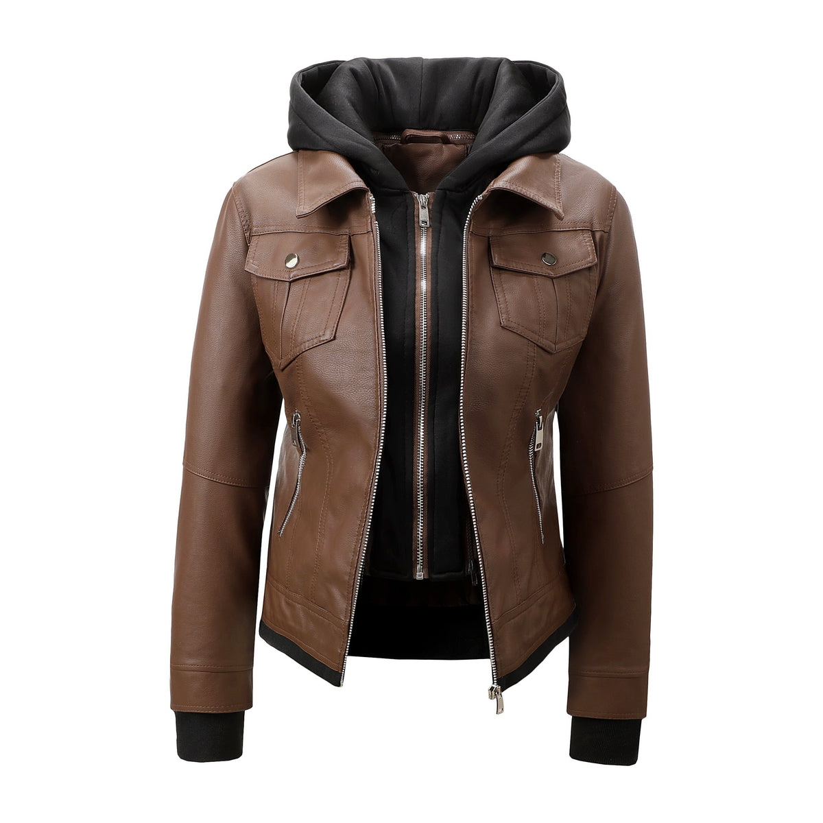 Detachable-hooded Biker Jacket Waist-cinching Faux-leather Coat That Flatters