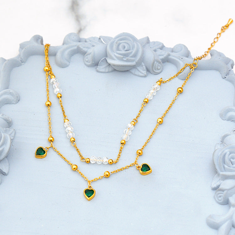 Fashionable Double-Layer Zircon Heart Pendant Anklet