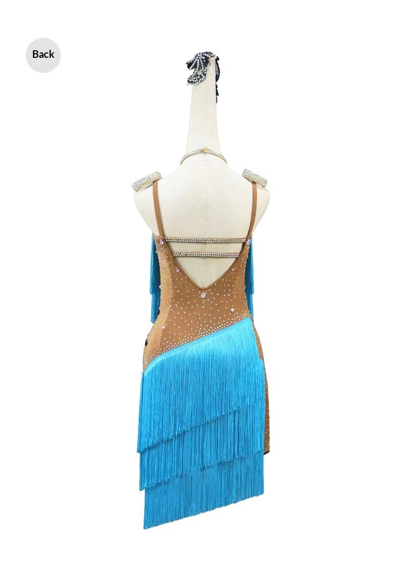 High-End Fringed Dress For Professional Latin Dance Competitions In Blue