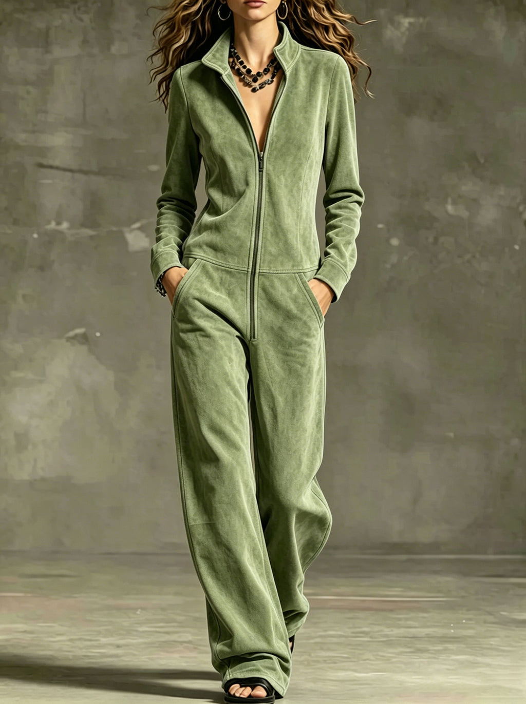 Women's Suede-Look Zip-Front Wide-Leg Jumpsuit