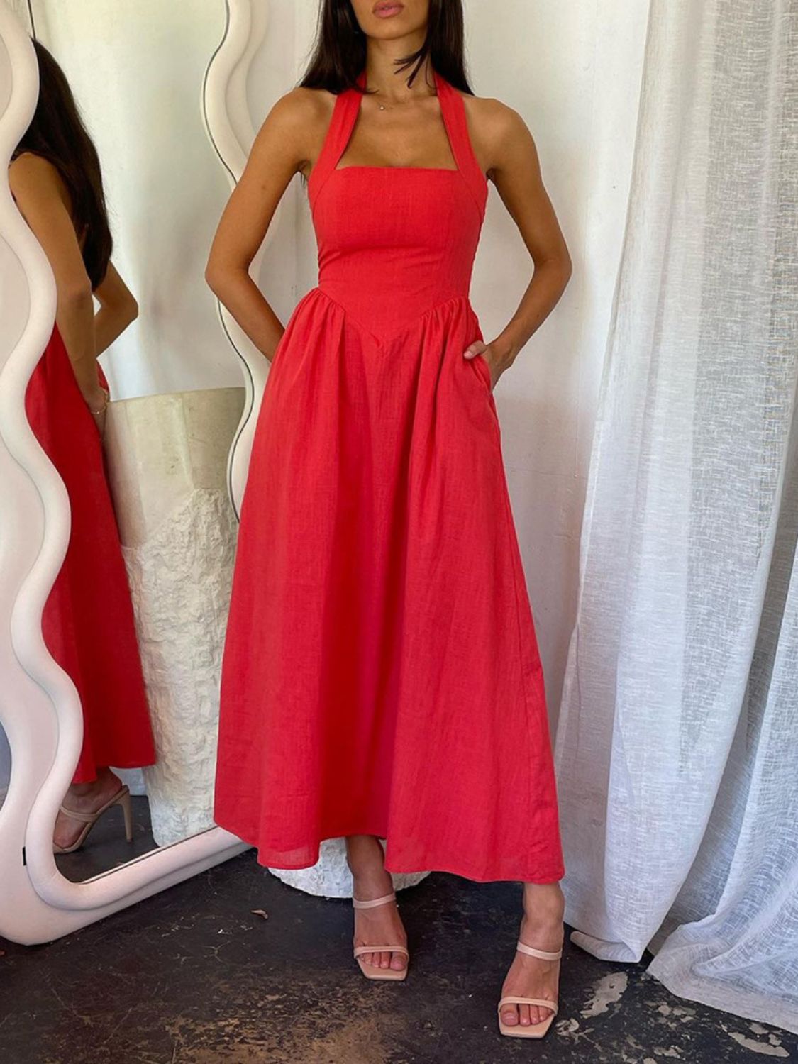 Black Ruched Halter Neck Midi Dress Sleek & Sophisticated Dress For Women