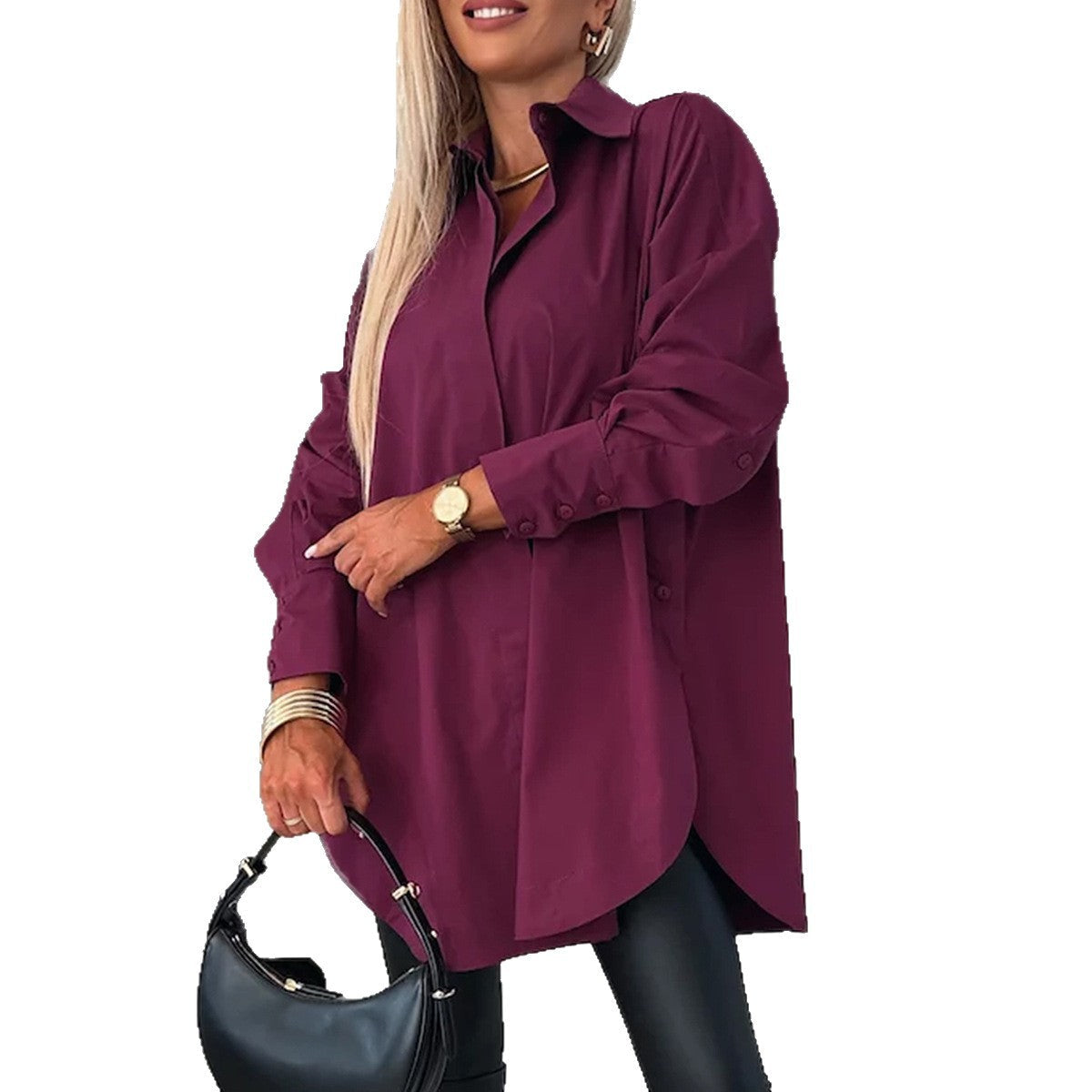 Solid-color Button-down Long-sleeve Versatile Chic Work Shirt
