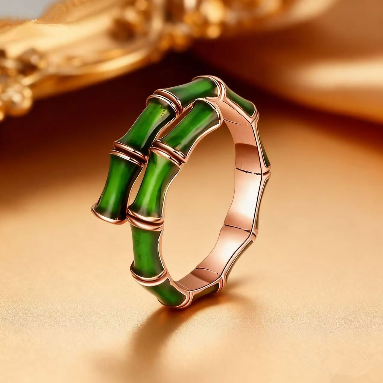 Open Adjustable Green Bamboo Rings, Enamel Drip Oil Unique Design Women Statement Band Rings
