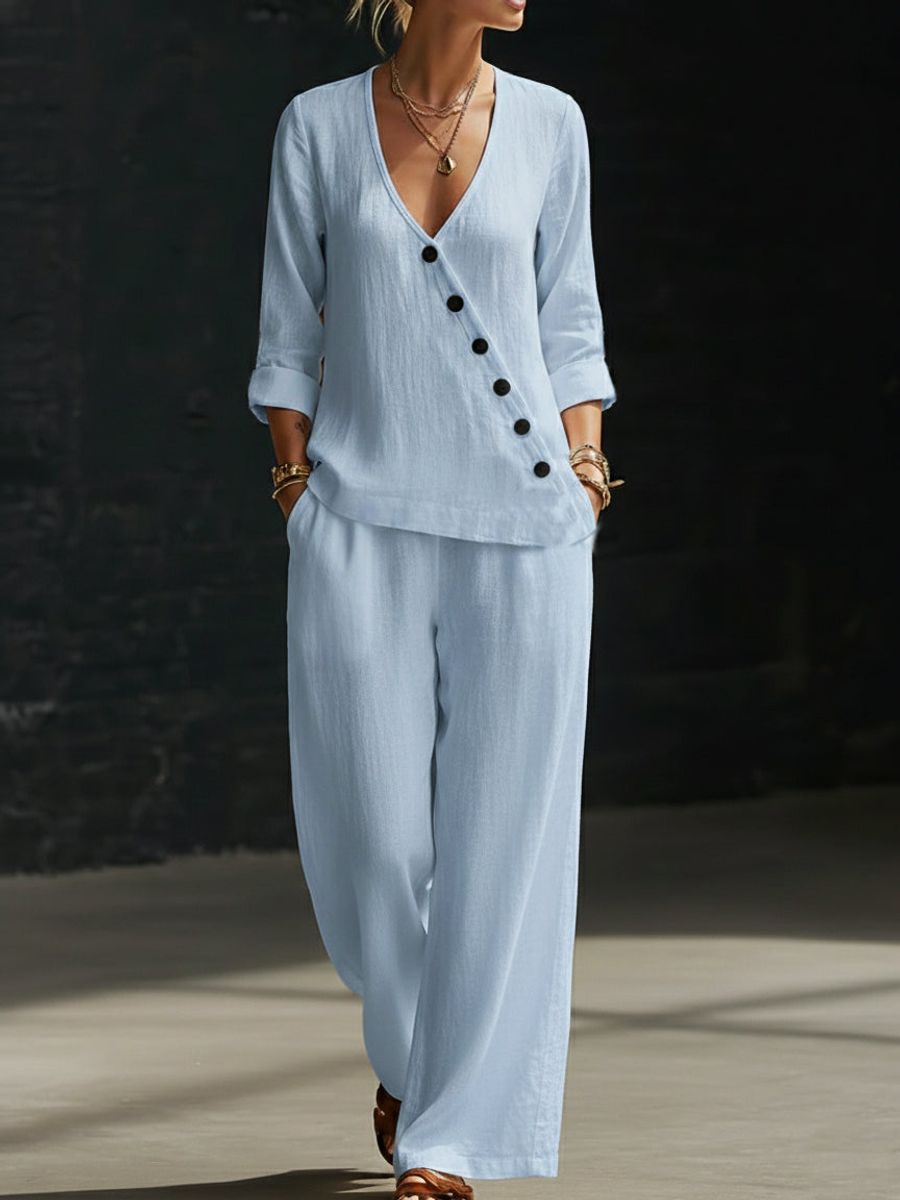 Women’s V-Neck Cross-Over Shirt and Wide-Leg Pants Set