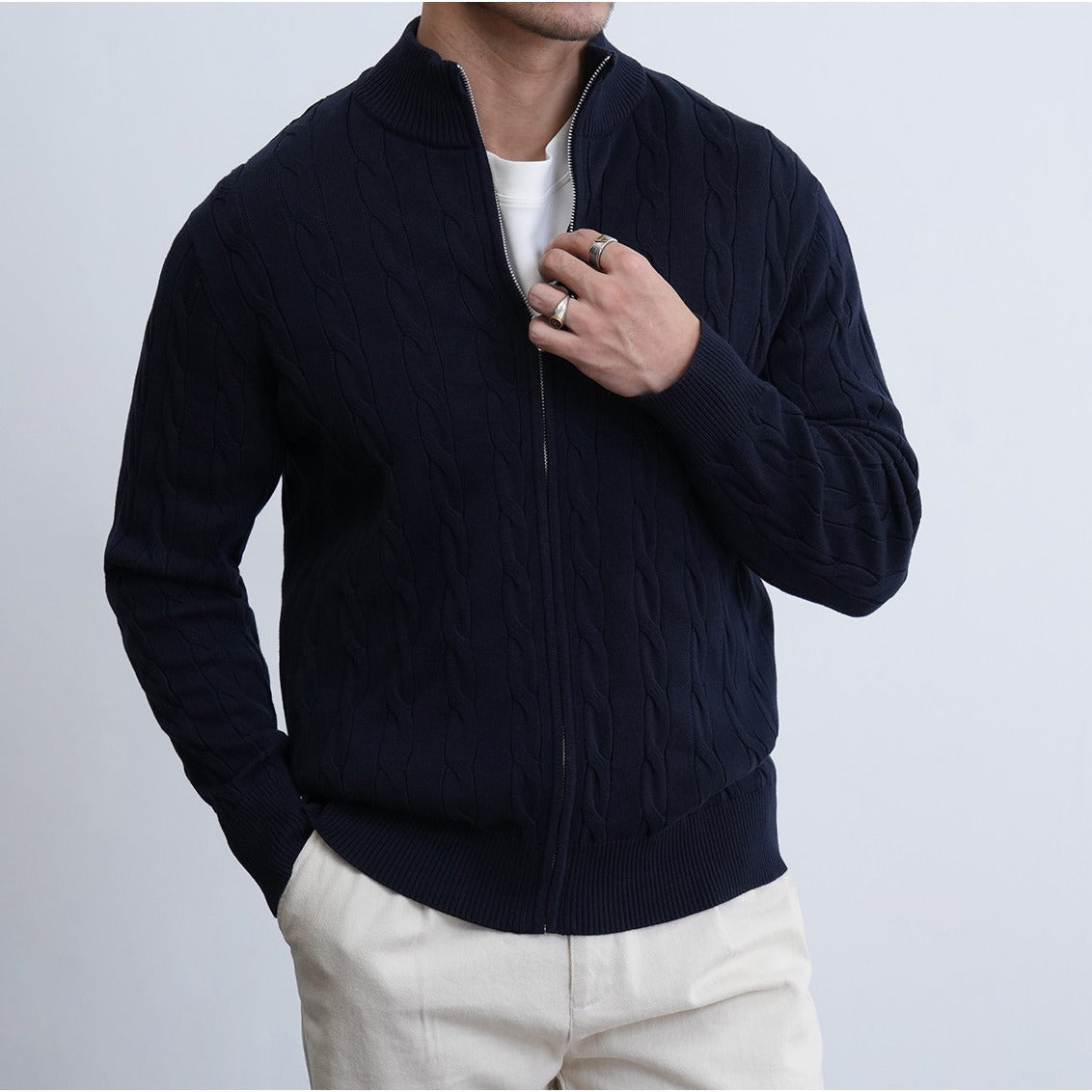 Mens Casual Slim-fit Jacquard Knitted Coat With A Stand-up Collar