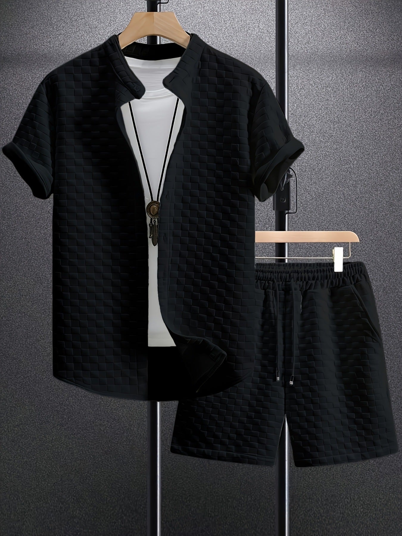 Men's Jacquard Casual Short Sleeve Shirt Outfit
