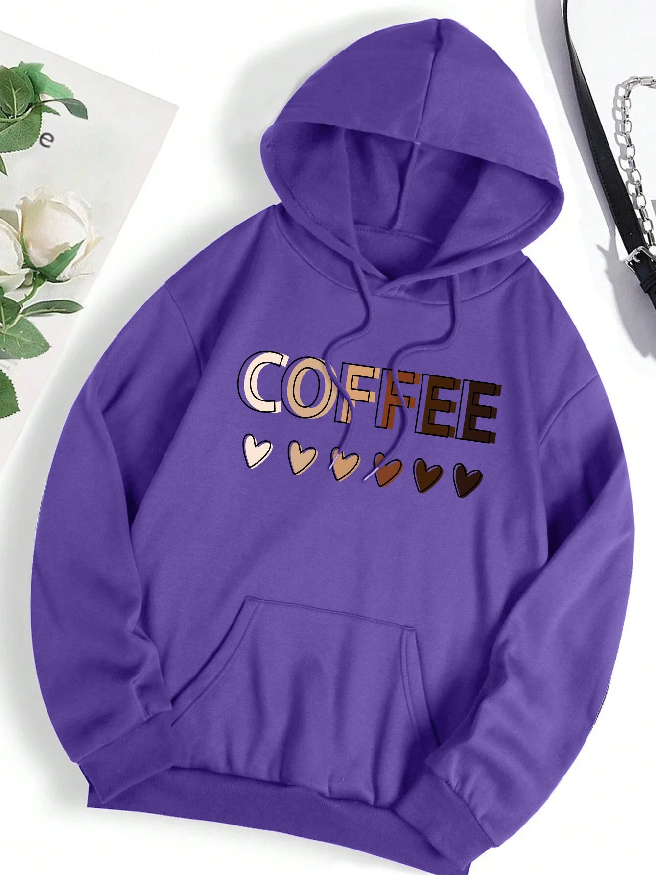 Casual Hooded Sweatshirt With Coffee-themed Lettering Print