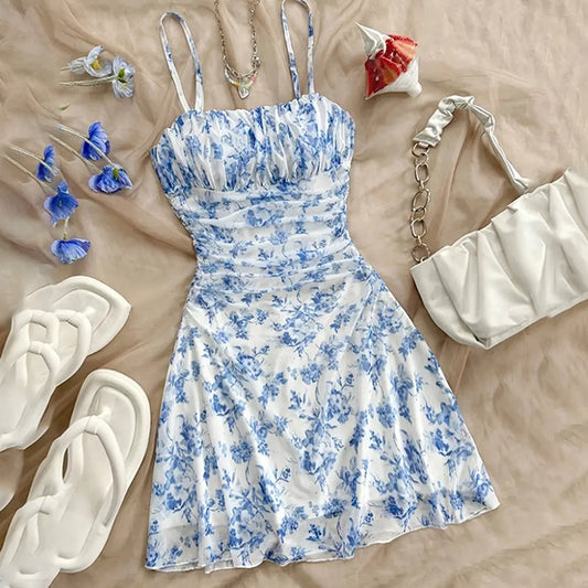 Boho Floral Spaghetti Strap Mini Dress – Ruched Ruffle Hem Vacation Sundress