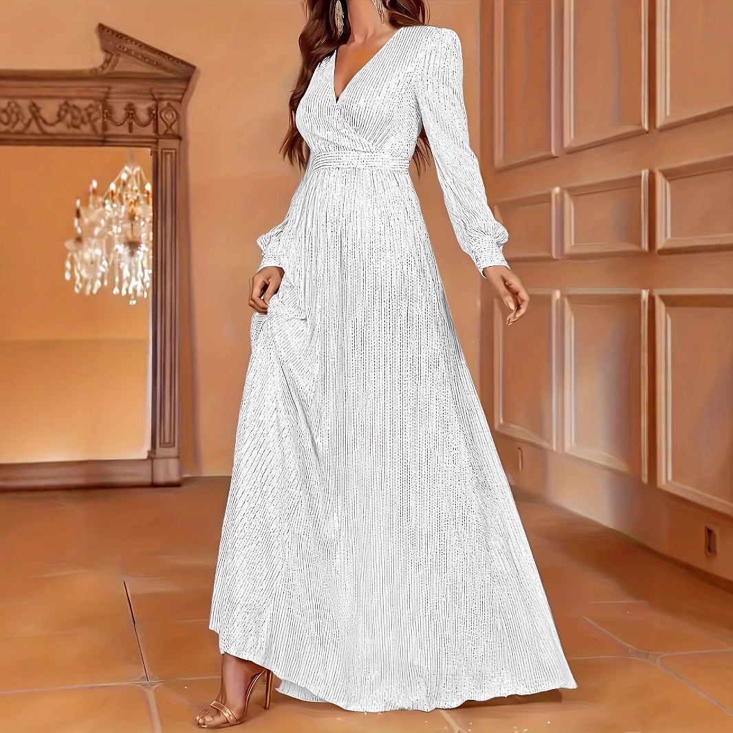 Elegant Dinner Sequined Long Sleeve V-neck High Waist Evening Dress