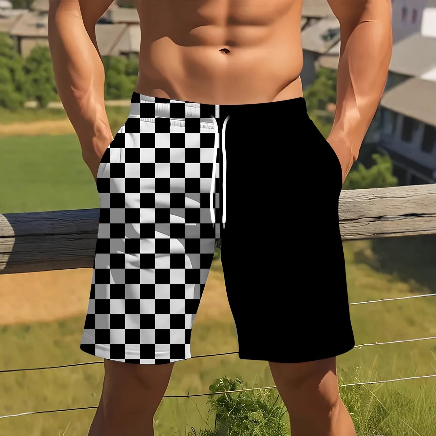 Checkered Two-tone Print Loose And Breathable Summer Shorts
