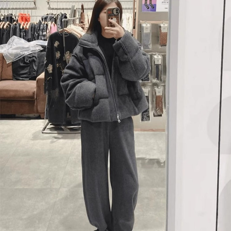Korean-style Retro Gray Stand-collar Corduroy Loose Cotton Padded Jacket