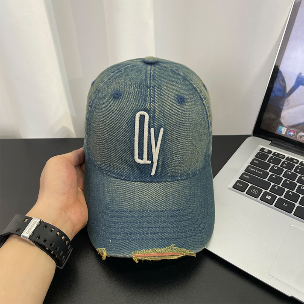 Retro Washed Distressed Denim Baseball Cap With Patch Holes And Embroidered Letter QY Soft Top Casual And Versatile Beanie