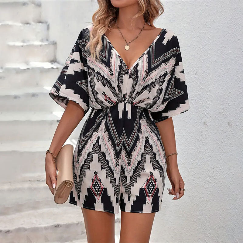 Women's Printed V-neck One-piece Sleeve Loose Jumpsuit