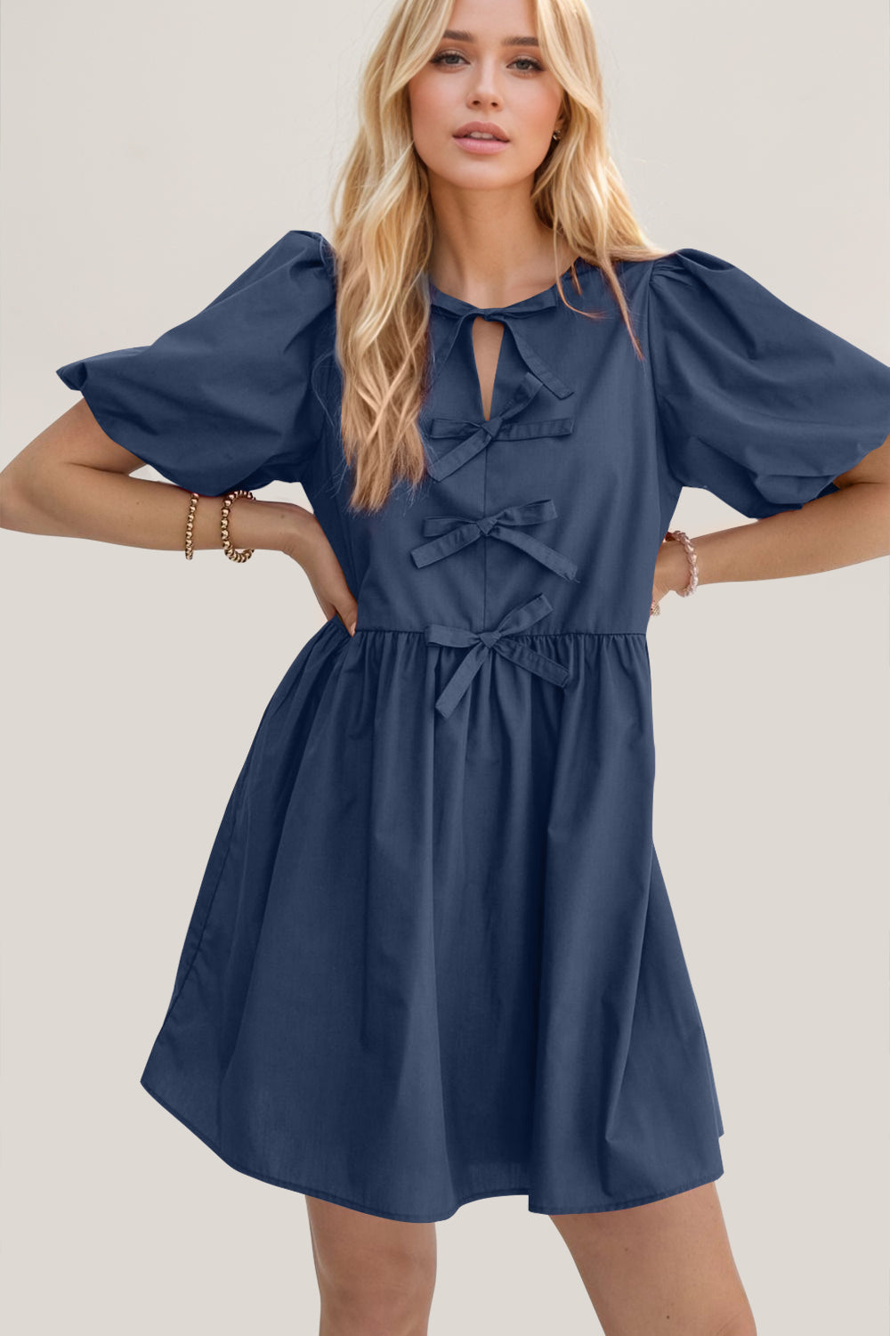 Elegant Ruched Puff Sleeve Mini Dress Vintage Bow Detail Cute Short Dress for Women
