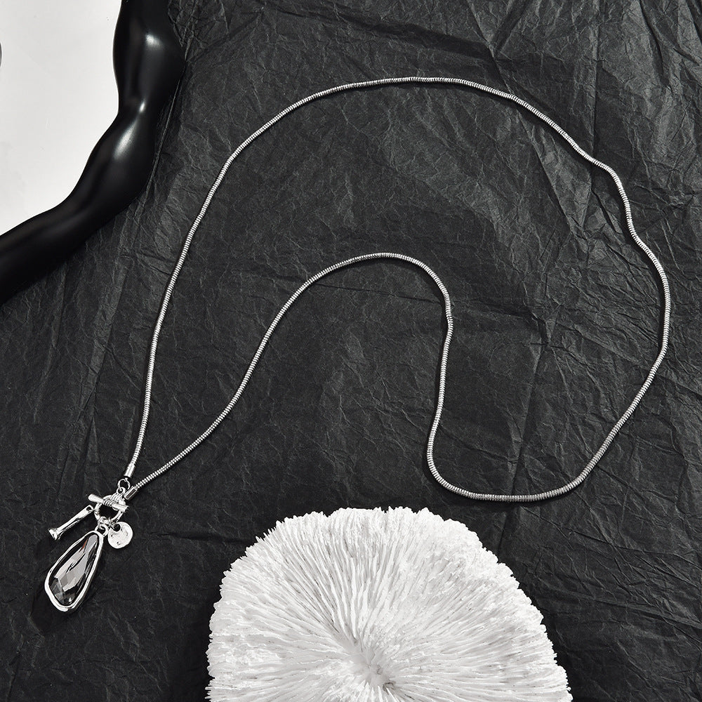 OT Toggle Multi Charm Smoky Teardrop Zircon Snake Sweater Chain, Minimal Cool Long Necklace For European Spanish Women