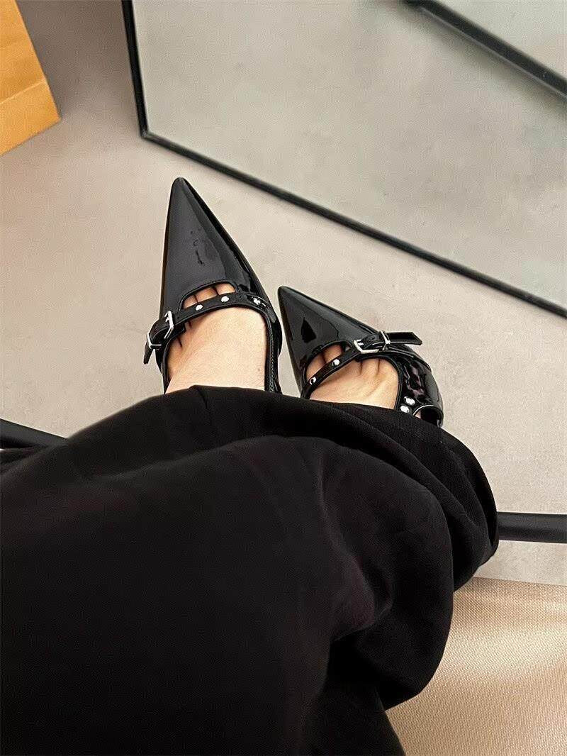 2026 Summer Women Punk Style Patent Leather Stiletto Heels, Backless Shallow Fashion Elegant Sandals