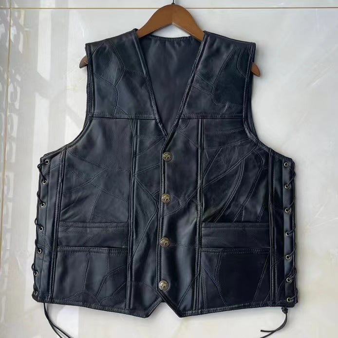 Classic Leather Biker Vest Mens WaistcoatPatchwork Sleeveless Jacket