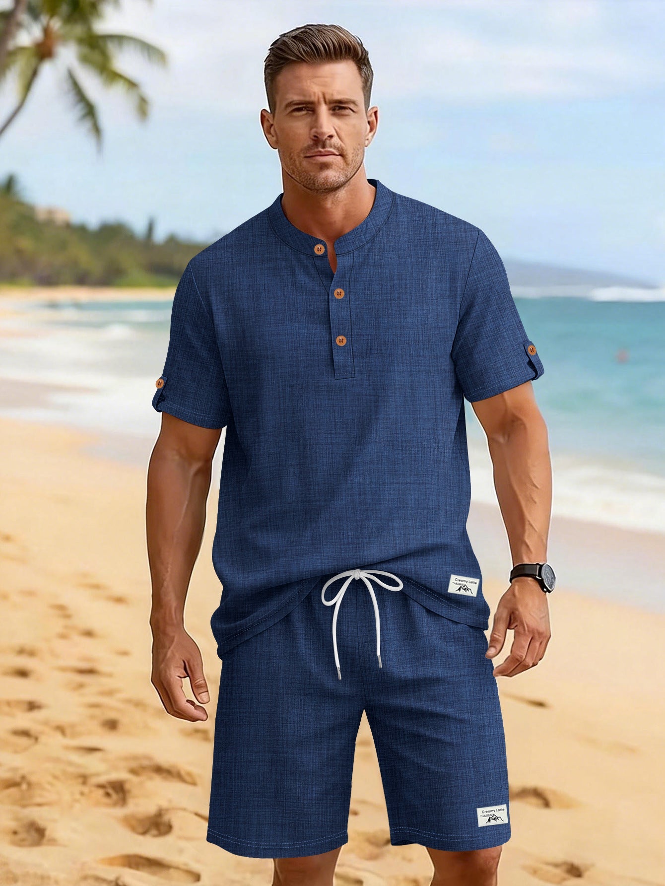 Mens Casual Henley Shirt And Shorts Sports Set