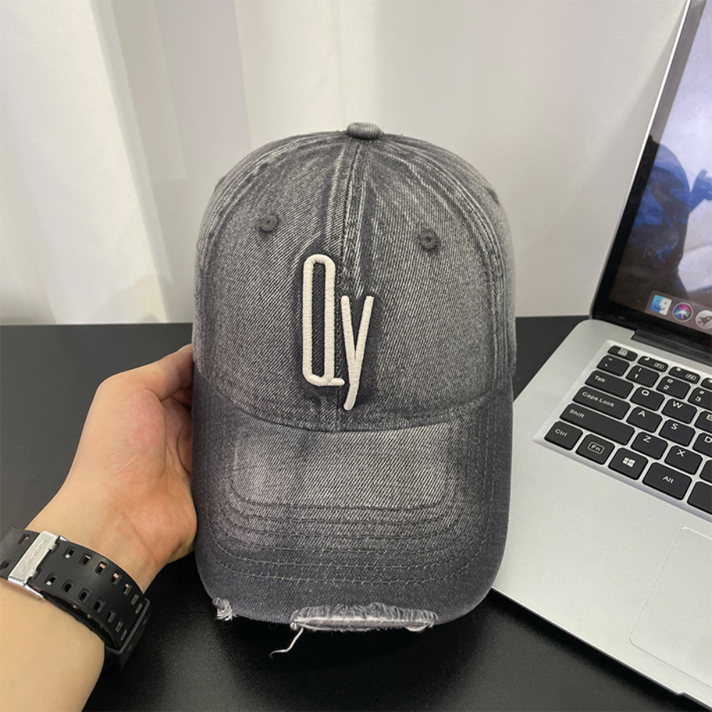 Retro Washed Distressed Denim Baseball Cap With Patch Holes And Embroidered Letter QY Soft Top Casual And Versatile Beanie