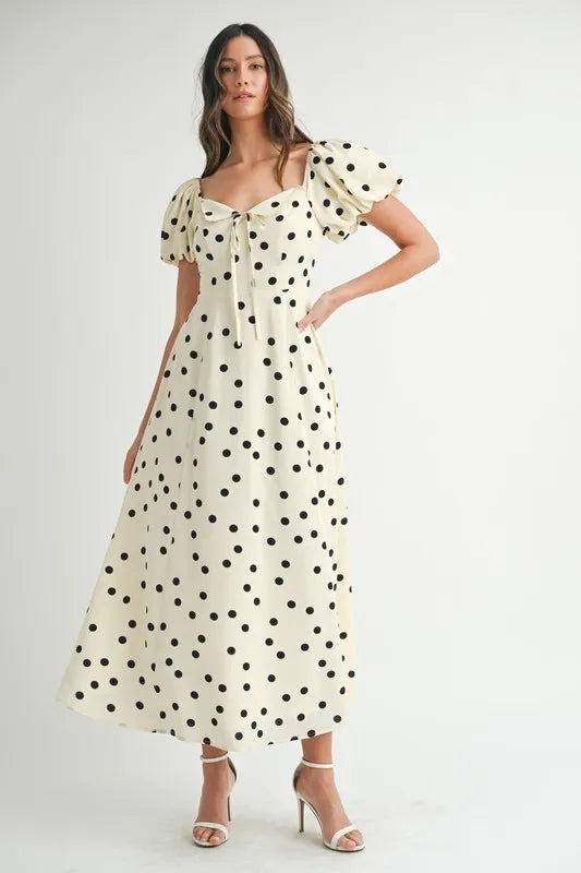 Polka Dot Puff Sleeve Midi Dress For Women – Vintage Fluttering Polka Dot Dress, Feminine Puff Sleeve Dress, Retro Midi Dress, Classic Chic Dress