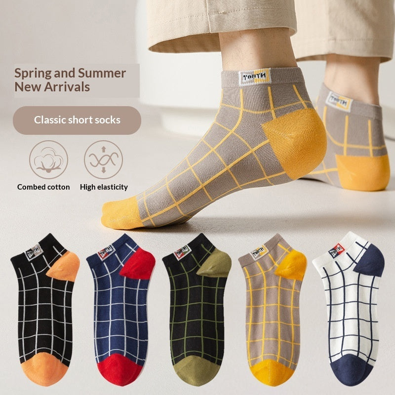 Mens Cotton Socks Plaid Pattern Low-cut All-season
