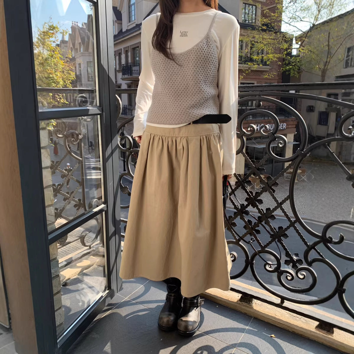 Relaxed A-Line Crushed Pleat Cotton Midi Skirt with Belt