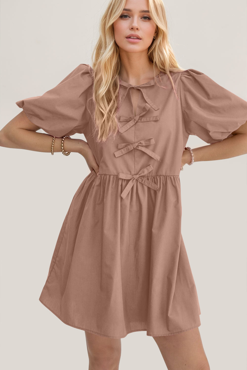 Elegant Ruched Puff Sleeve Mini Dress Vintage Bow Detail Cute Short Dress for Women