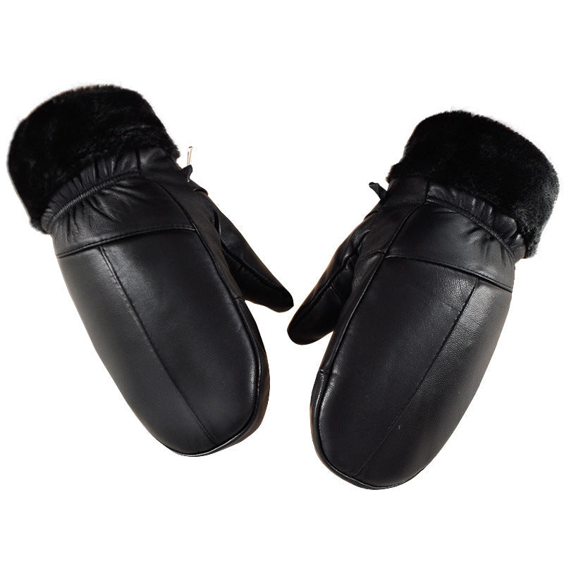Fleece-lined Thickened Cold-resistant Windproof Sheepskin Mittens For Cycling