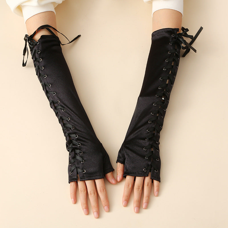 Long Black Satin Arm Sleeve Long For Wedding Lace-up Fingerless Gloves