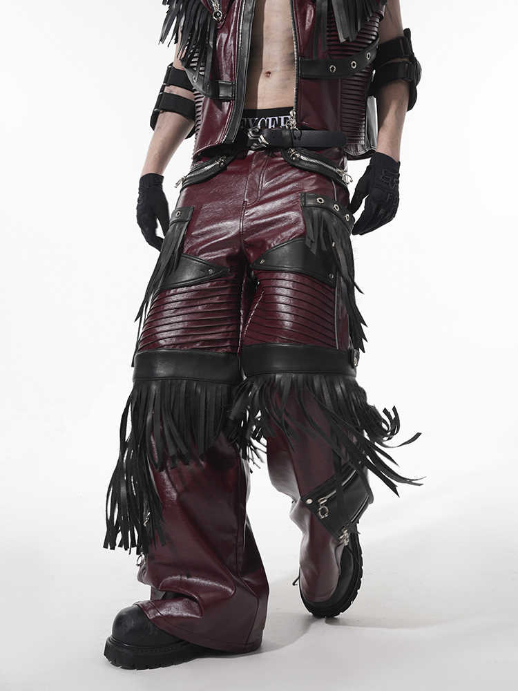 Deconstructed Design Red PU Leather Pants Male