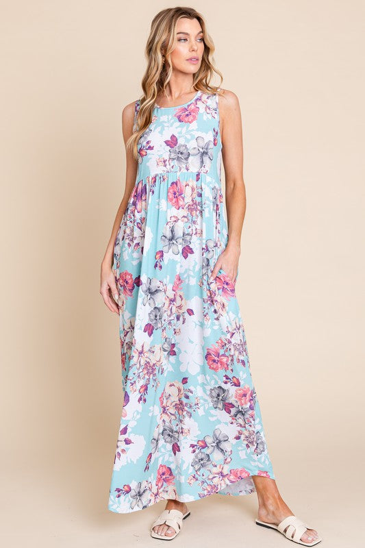 New Floral Round Neck Sleeveless Maxi Dress with Pockets For Women – Elegant Floral Print Dress with Flowing Silhouette and Functional Pockets