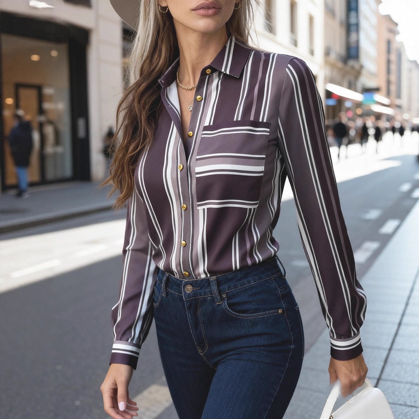 Elegant Sophisticated Striped Patchwork Print Blouse With Long Sleeves For Workwear