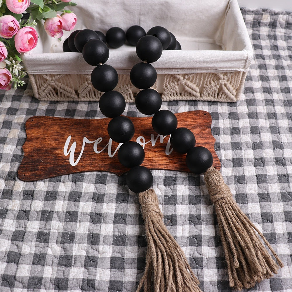 18-bead Large-size Bead Necklace With Hemp Rope Tassels And Wooden Beads