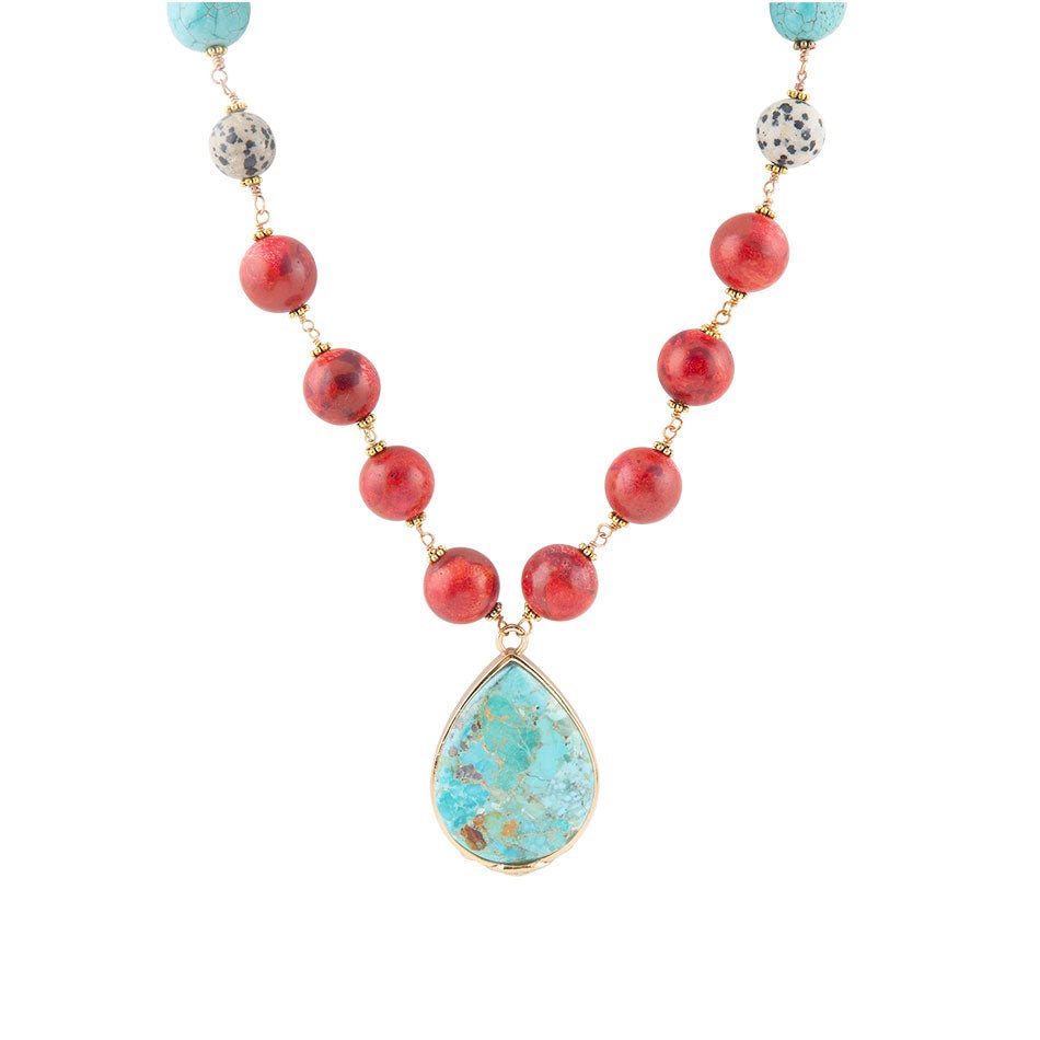 Blaue und rote Türkis-Tropfen-Halskette in Gold