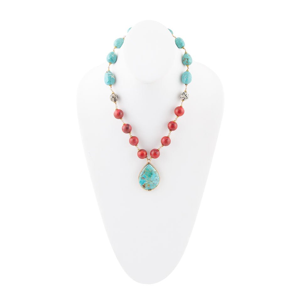 Blaue und rote Türkis-Tropfen-Halskette in Gold