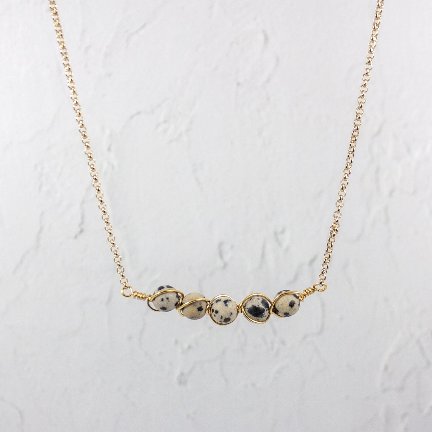Dalmatian Jasper Wire Wrapped Pod Necklace 18 Inch Gold