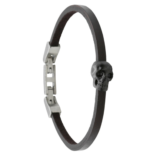Bracelet de Crâne en Cuir Marron Foncé pour Hommes Ajustable