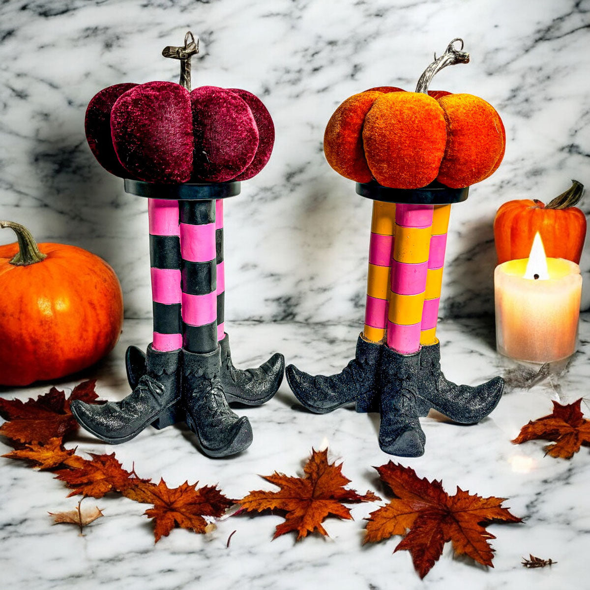 Bougeoir Pilier Sorcière Décoration d'Halloween Bottes Rayées Pailletées
