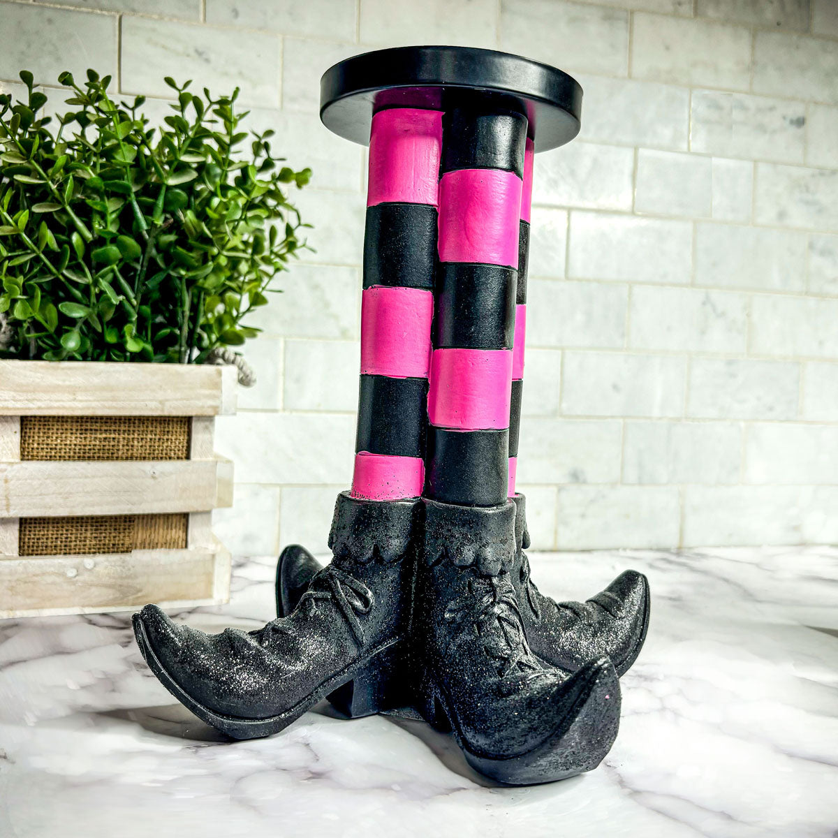 Bougeoir Pilier Sorcière Décoration d'Halloween Bottes Rayées Pailletées