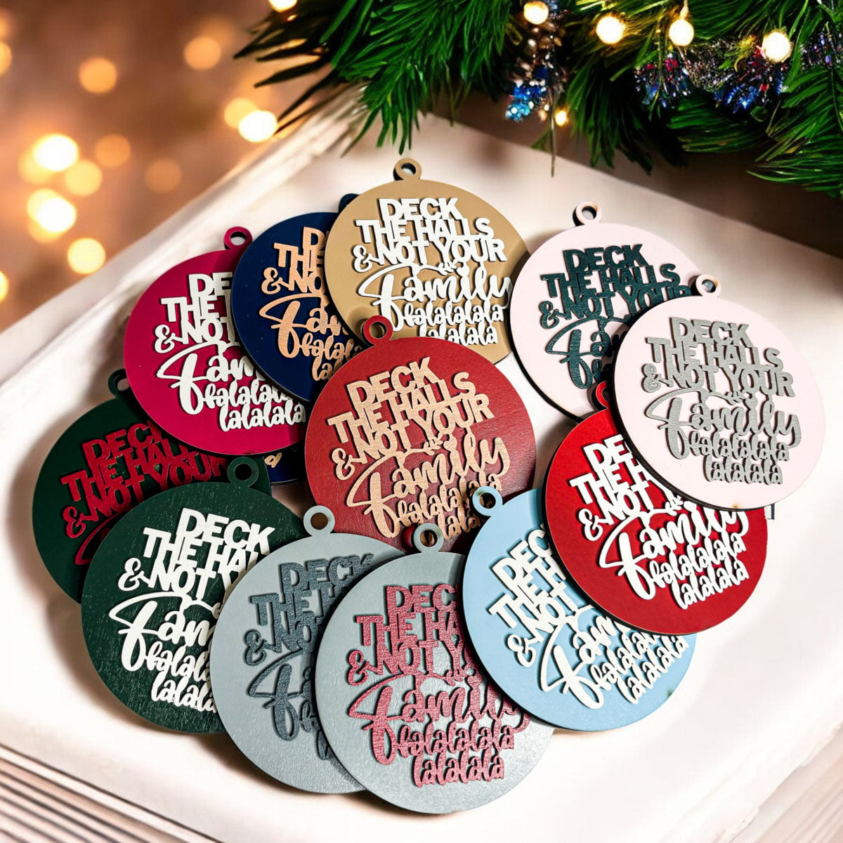 Deck The Halls 12 Colors Wooden Holiday Ornament With Cheeky Fa La La Lyrics And Rustic Finish