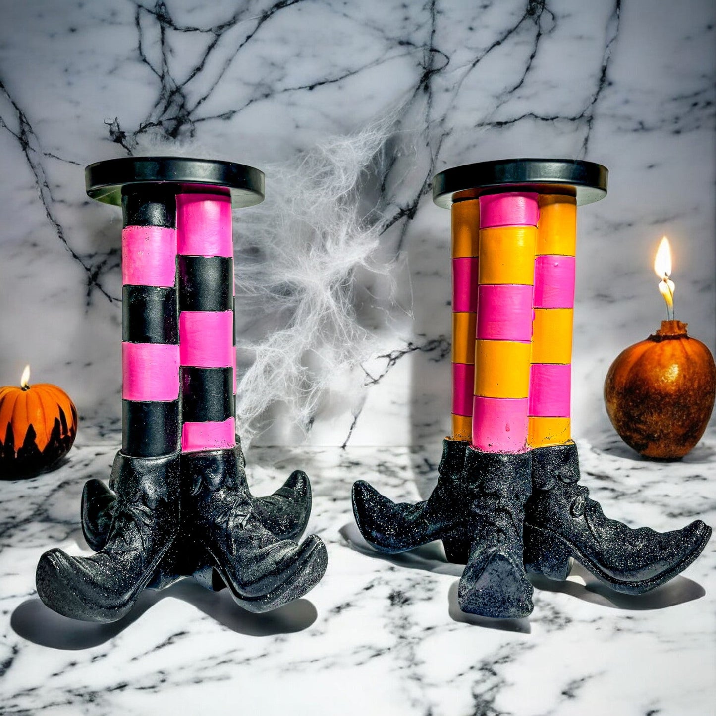 Bougeoir Pilier Sorcière Décoration d'Halloween Bottes Rayées Pailletées