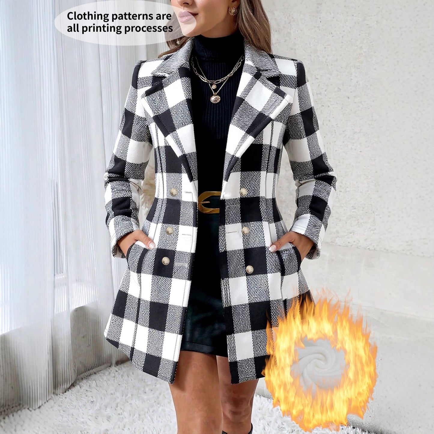 Plus-size Contrast-color Plaid Fleece-lined Loose-fit Coat For Women
