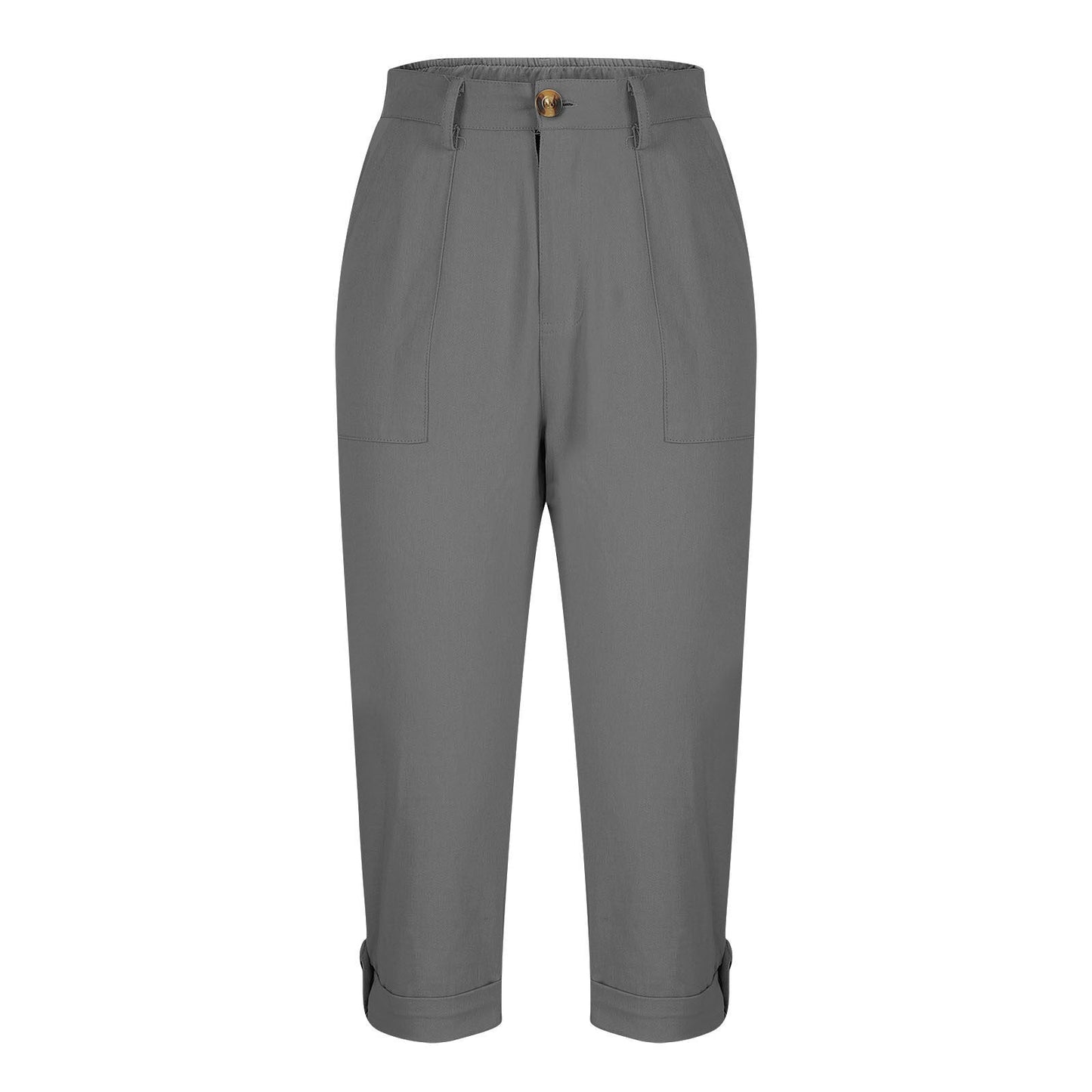 Womens Solid-color Buttoned Roll-up Capri Pants