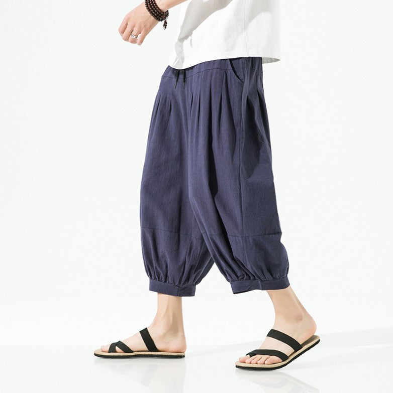 Mens Casual Cotton-Linen Wide-Leg Pants