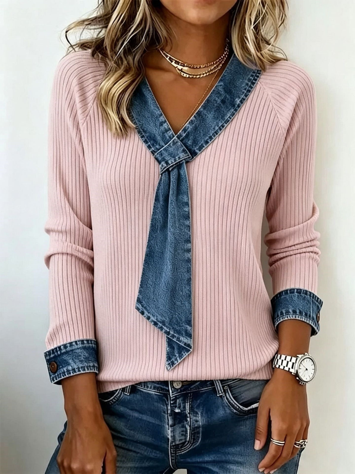 Womens Rib-knit Mock Two-piece V-neck Long-sleeve Top