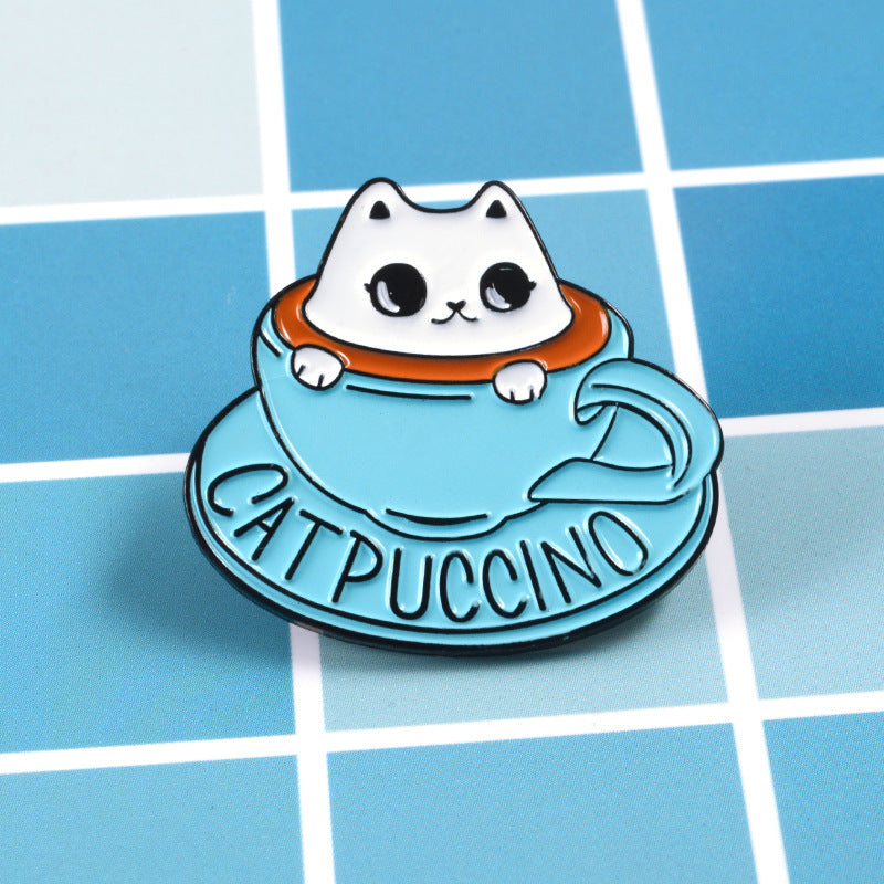 Blue Teacup White Cat Coffee Brooch