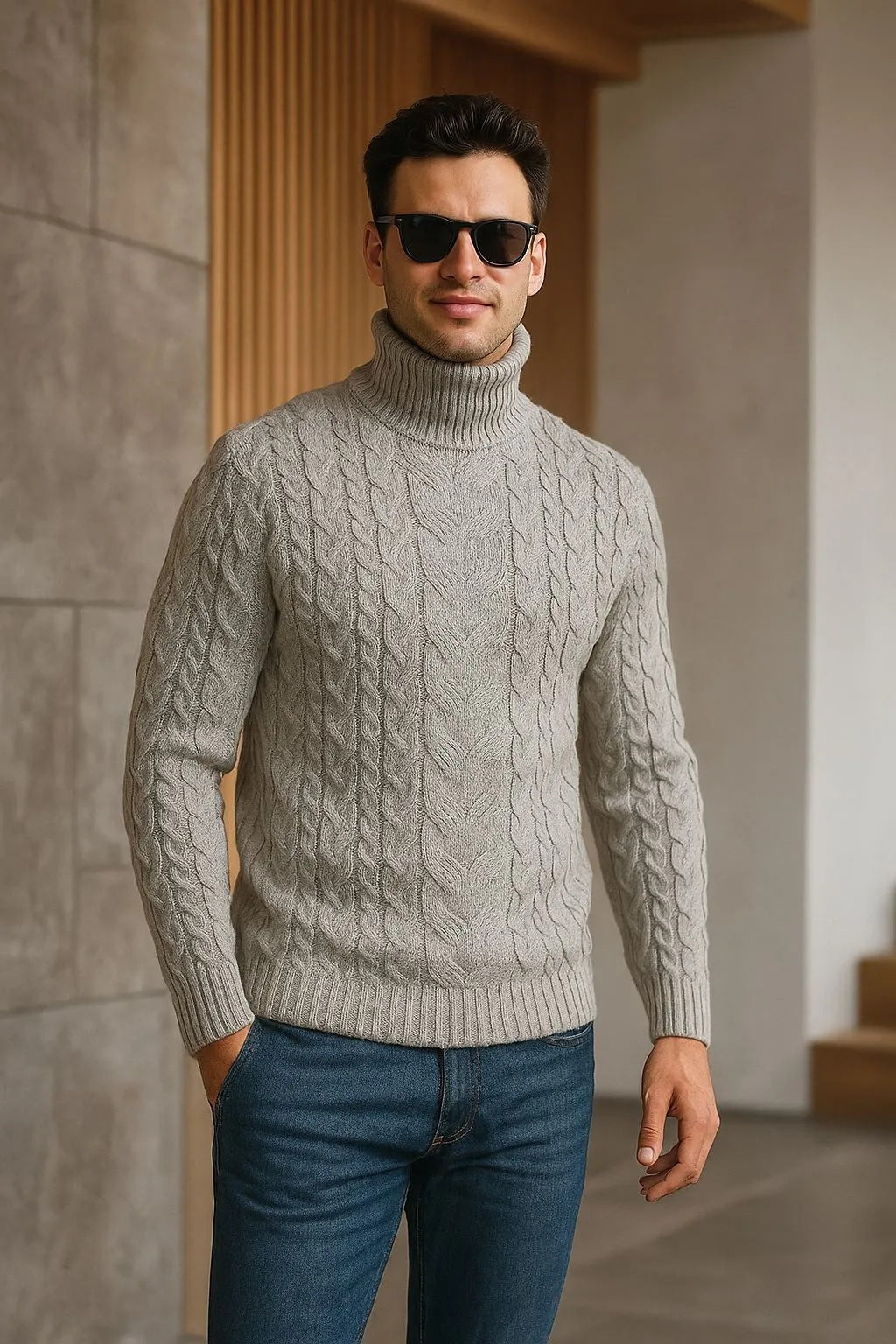 Mens Turtleneck Cable-Knit Sweater In Plus Sizes