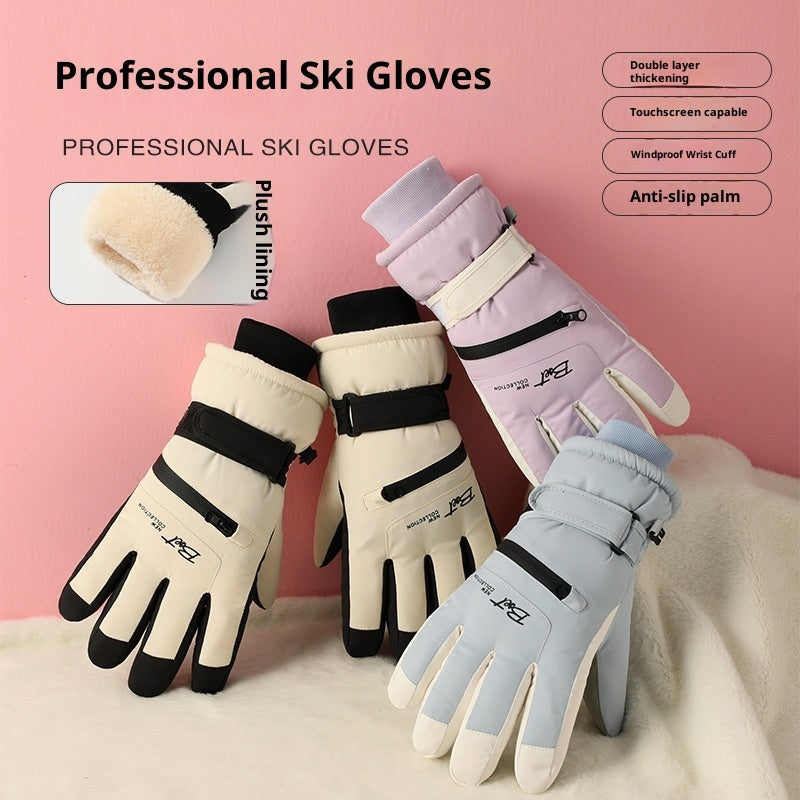 Winter Fleece-lined Thickened Men's And Women's Skiing Gloves Thermal And Windproof